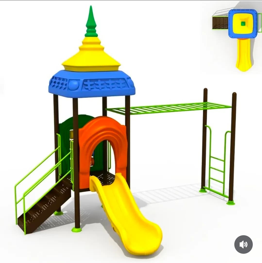 Large custom built multiplay tower structure with slide, monkey bars and climbing access.