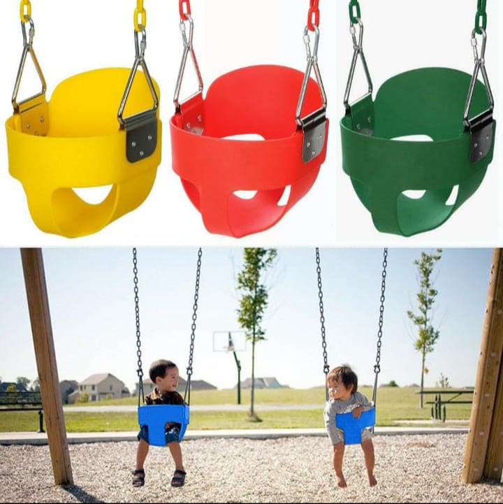 Heavy duty bucket swing seats in yellow, red and green.