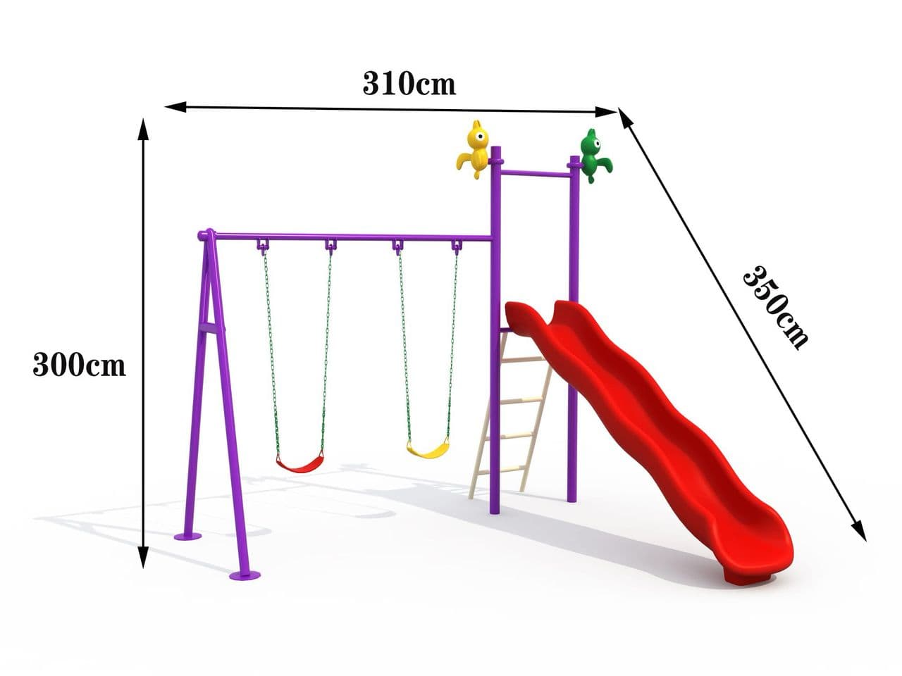 Metal swing set combined with a slide and ladder play frame.