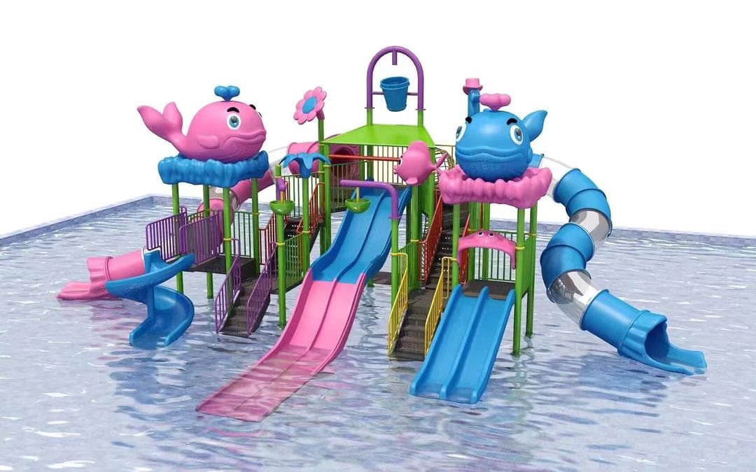 Whale themed custom water play park structure with slides built by Ere Ayo Mothercare Toys.